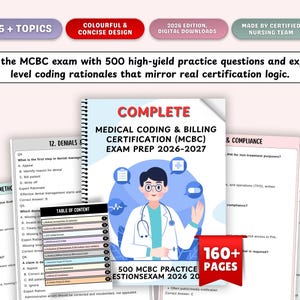 May include: A medical coding and billing exam prep book titled "COMPLETE MEDICAL CODING & BILLING CERTIFICATION (MCBC) EXAM PREP 2026-2027". The book has 160+ pages and includes 500 MCBC practice questions.