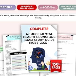 May include: A study guide for the NCMHCE Mental Health Counseling Exam (2026-2027) with over 150 pages. The cover features a silhouette of a head with gears and a ladder, and the text "COMPLETE NCMHCE MENTAL HEALTH COUNSELING EXAM STUDY GUIDE".
