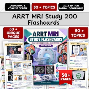 Puede incluir: Un conjunto de tarjetas de estudio ARRT MRI 200, edición 2026, con descargas digitales, 50+ páginas y 50+ temas. La portada muestra una máquina de resonancia magnética, ilustraciones anatómicas y texto médico sobre seguridad, anatomía y procedimientos.