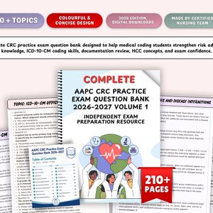 Puede incluir: Un manual de AAPC CRC Practice Exam Question Bank 2026-2027 Volumen 1 con encuadernación en espiral y más de 210 páginas. La portada muestra un globo con un corazón rojo, iconos médicos y tres figuras. Incluye índice y preguntas de codificación.