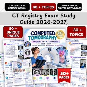 Op de afbeelding: Een CT-register examenstudiegids 2026-2027 digitale download met 50+ pagina's en 30+ onderwerpen. De omslag toont een computertomografiescanner, medische scans van de hersenen, borstkas en buikholte, en educatieve tekst.