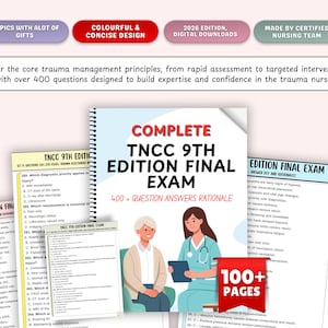 Op de afbeelding: Een complete TNCC 9th Edition Final Exam studiehandleiding met meer dan 400 vragen en antwoorden. De omslag toont een illustratie van een verpleegkundige en een patiënt. Bevat meer dan 100 pagina's. Voor traumazorgverleners.