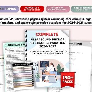 Könnte beinhalten: Ein umfassender Leitfaden zur Vorbereitung auf die SPI-Ultraschallphysik-Prüfung mit Kernkonzepten und Übungsfragen. Das Cover zeigt den Titel "COMPLETE ULTRASOUND PHYSICS SPI EXAM PREPARATION 2026-2027" und ein rotes Banner mit "150+ PAGES".