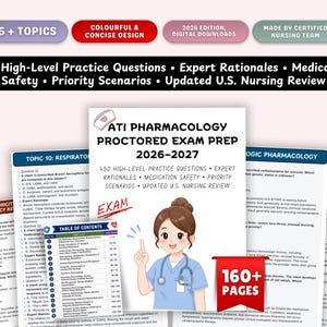 May include: A digital study guide titled ATI PHARMACOLOGY PROCTORED EXAM PREP 2026-2027 featuring 450 high-level practice questions, expert rationales, medication safety, and priority scenarios. The cover displays an illustration of a nurse and 160+ pages.