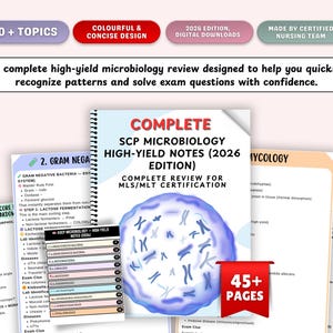 Może przedstawiać: Kompletny przewodnik po mikrobiologii zatytułowany "COMPLETE SCP MICROBIOLOGY HIGH-YIELD NOTES (WYDANIE 2026)". Przewodnik zawiera ponad 45 stron i jest przeznaczony do certyfikacji MLS/MLT. Projekt jest kolorowy i zwięzły.