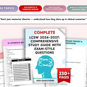 Puede incluir: Una guía de estudio completa para el examen LCSW 2026-2027, con el texto "COMPLETE LCSW 2026-2027: COMPREHENSIVE STUDY GUIDE WITH EXAM-STYLE QUESTIONS". Incluye más de 650 preguntas y 230+ páginas, con un diseño colorido y conciso.
