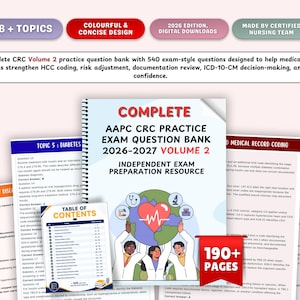May include: A spiral-bound AAPC CRC Practice Exam Question Bank 2026-2027 Volume 2 with 190+ pages. The cover features a graphic of three people holding a globe with a heart and medical icons. Includes a table of contents and practice pages.