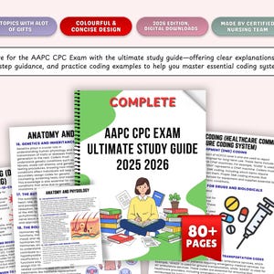 Może przedstawiać: Przewodnik do egzaminu AAPC CPC na lata 2025-2026, o kolorowym i zwięzłym designie. Przewodnik zawiera ponad 80 stron treści, obejmujących tematy z prezentami i plikami do pobrania. Wykonany przez certyfikowany zespół pielęgniarski.