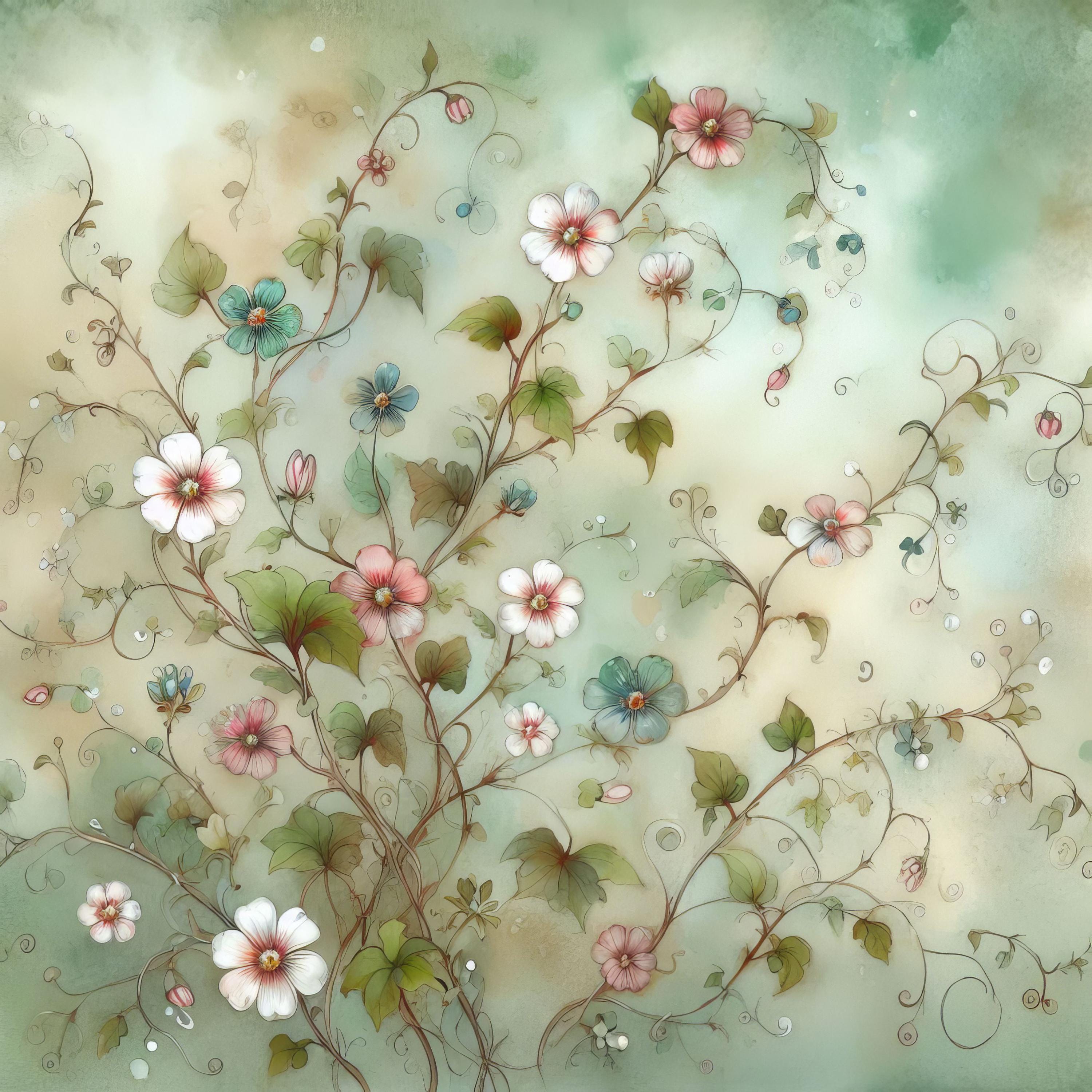 緑の花のつる 10枚の高解像度水彩画 JPG ジャンクジャーナル