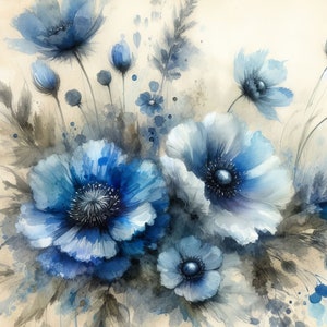 Lot de 10 images clipart belles fleurs bleues haute résolution JPG aquarelles pour journal indésirable, scrapbooking, travaux manuels, téléchargement numérique, art numérique