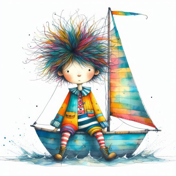 Quirky Sailboat: Clip Art ,10 High Res Watercolor JPGs, Junk Journaling, Scrapbooking, Card Making, Digital Art, Fantasy, Whimsical
