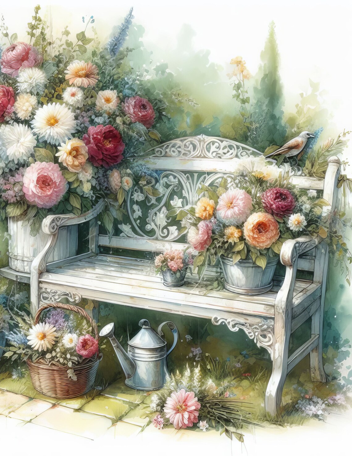 Garden Bench: 10 High Res Watercolor Jpgs, Junk Journaling, Scrapbook ...