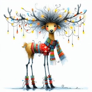 Eigenzinnige kerstrendieren Clip Art 10 high-res aquarel JPGs Junk Journaling, kaarten maken, digitale download, grillig, fantasie