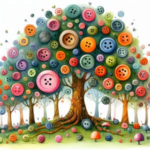 Eigenzinnige knop boombos 10 high-res aquarel jpg's voor junkjournaling, scrapbooking, kaarten maken, digitale download, fantasie, grillig