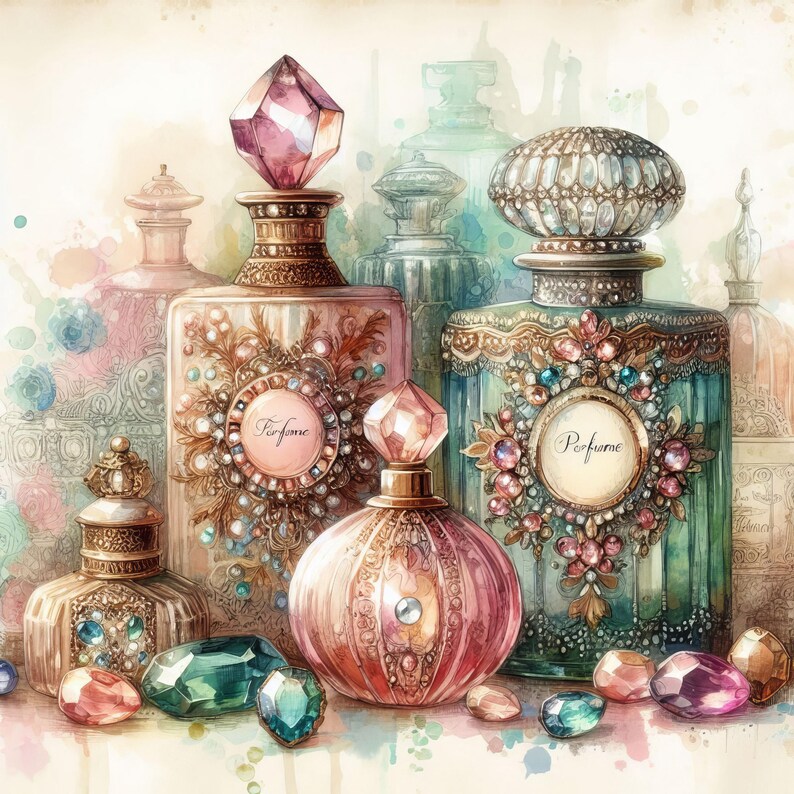 May include: A collection of ornate glass perfume bottles with intricate details and jeweled accents. The bottles are arranged on a light beige background with watercolour accents.
