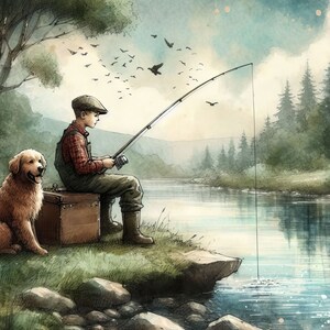 Puede incluir: Un ni&ntilde;o peque&ntilde;o con una camisa a cuadros y una gorra se sienta en una roca junto a un r&iacute;o, pescando con una ca&ntilde;a y un carrete. Un perro golden retriever se sienta a su lado. La escena est&aacute; pintada en estilo acuarela con un cielo azul claro y &aacute;rboles verdes en el fondo.