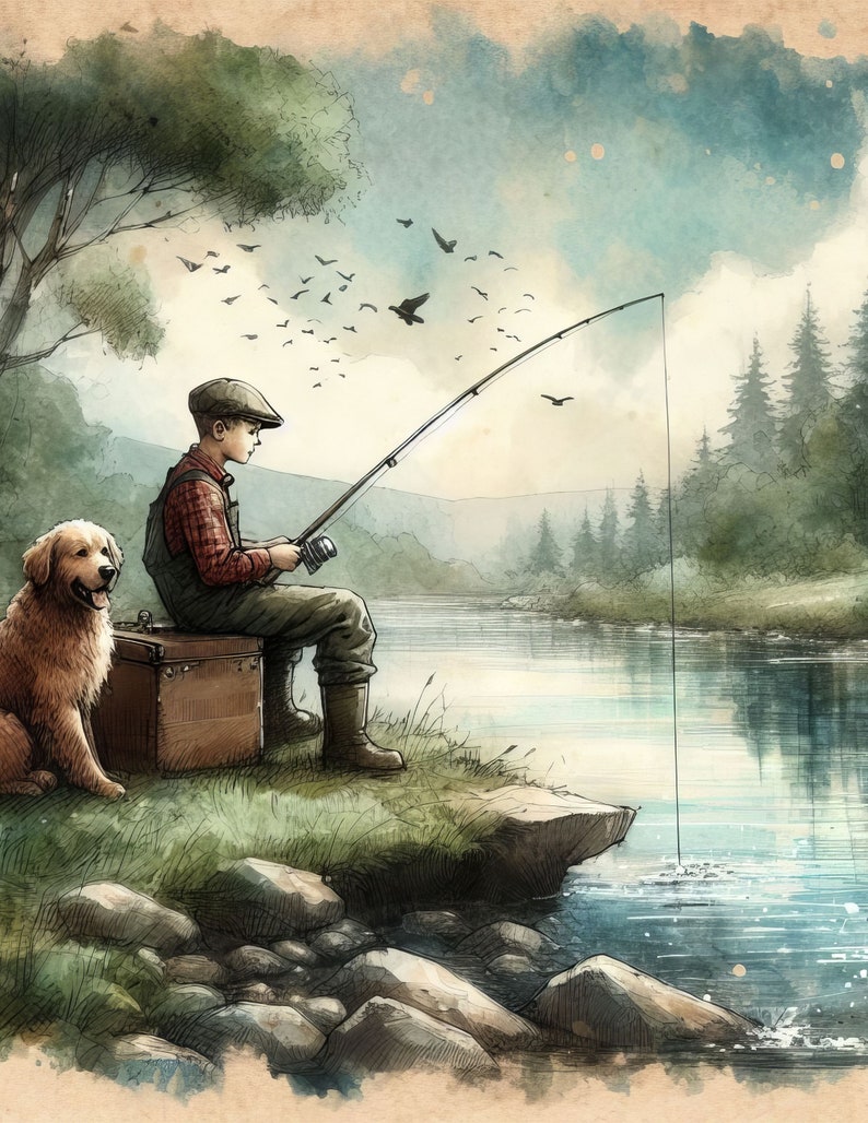Puede incluir: Un ni&ntilde;o peque&ntilde;o con una camisa a cuadros y una gorra se sienta en una roca junto a un r&iacute;o, pescando con una ca&ntilde;a y un carrete. Un perro golden retriever se sienta a su lado. La escena est&aacute; pintada en estilo acuarela con un cielo azul claro y &aacute;rboles verdes en el fondo.