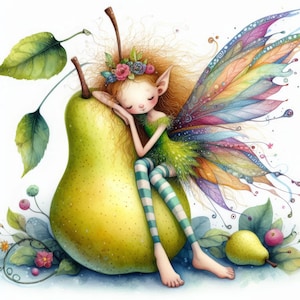 Quirky Pear Fairy 10 JPG ad alta risoluzione per acquerelli Junk Journaling, creazione di biglietti, download digitale, stravagante, fantasy, arte digitale