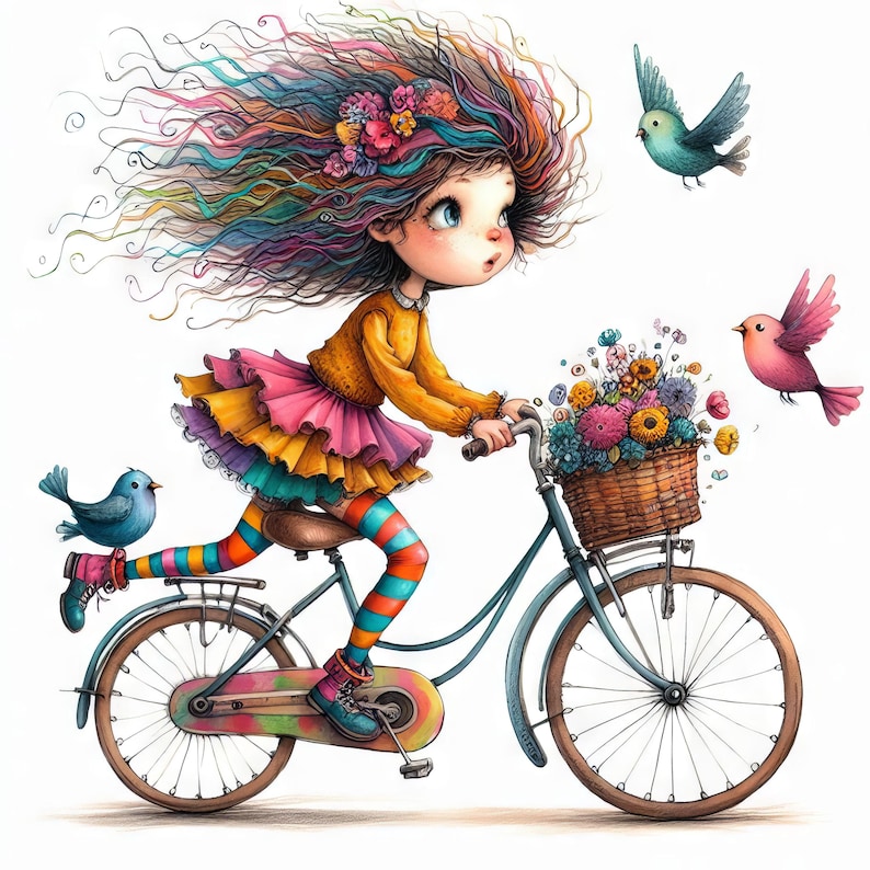 May include: A girl with long, colorful hair rides a bicycle with a basket of flowers. She wears a yellow sweater, a pink and yellow skirt, and striped tights. Three blue birds and a pink bird fly around her.