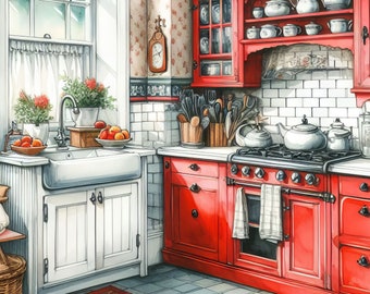 Old Fashion Red and White Kitchen 10 High Res Watercolor JPGs for Junk Journaling, Scrapbook, Crafts, Digital Download