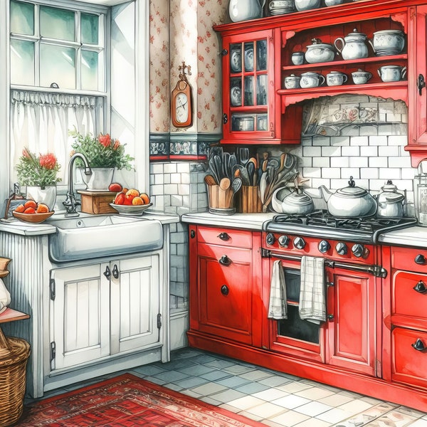 Old Fashion Red and White Kitchen 10 High Res Watercolor JPGs for Junk Journaling, Scrapbook, Crafts, Digital Download