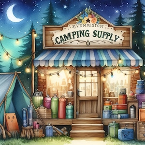 Campingbenodigdhedenwinkel 10 high-res aquarel jpg's ongewenste logboeken, scrapbooking, kaarten maken, digitale download, fantasie, grillig