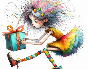 Quirky Present: Clip Art, 10 High Res Watercolor JPGs, Junk Journaling, Scrapbooking, Card Making, Digital Art, Fantasy, Whimsical