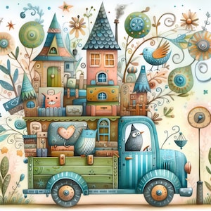 Zestaw klipów samochodowych Whimsical Truck Clip Art 10 wysokiej rozdzielczości akwarelowych obrazów JPG do dzienników śmieciowych, scrapbookingu, tworzenia kartek, zestaw do pobierania cyfrowego, fantasy
