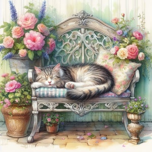 Schlafende Katze Clip Art 10 hochauflösende JPGs in Aquarellfarben für Junk Journaling, Scrapbooking, Kartenherstellung, Digital Download Kit