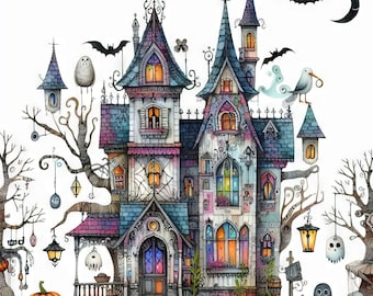 Whimsical Haunted House Clip Art Bundle 10 High Res Watercolor JPGs Junk Journaling, Scrapbook, Crafts, Digital Download, Halloween, Fantasy
