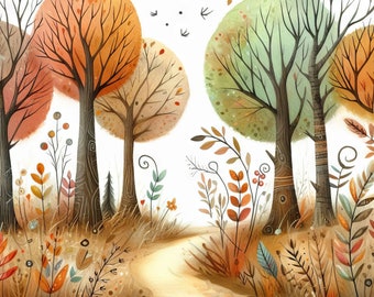 May include: A whimsical illustration of a forest path with colorful trees and foliage. The trees have brown, orange, and green leaves. The path is winding and leads into the distance.