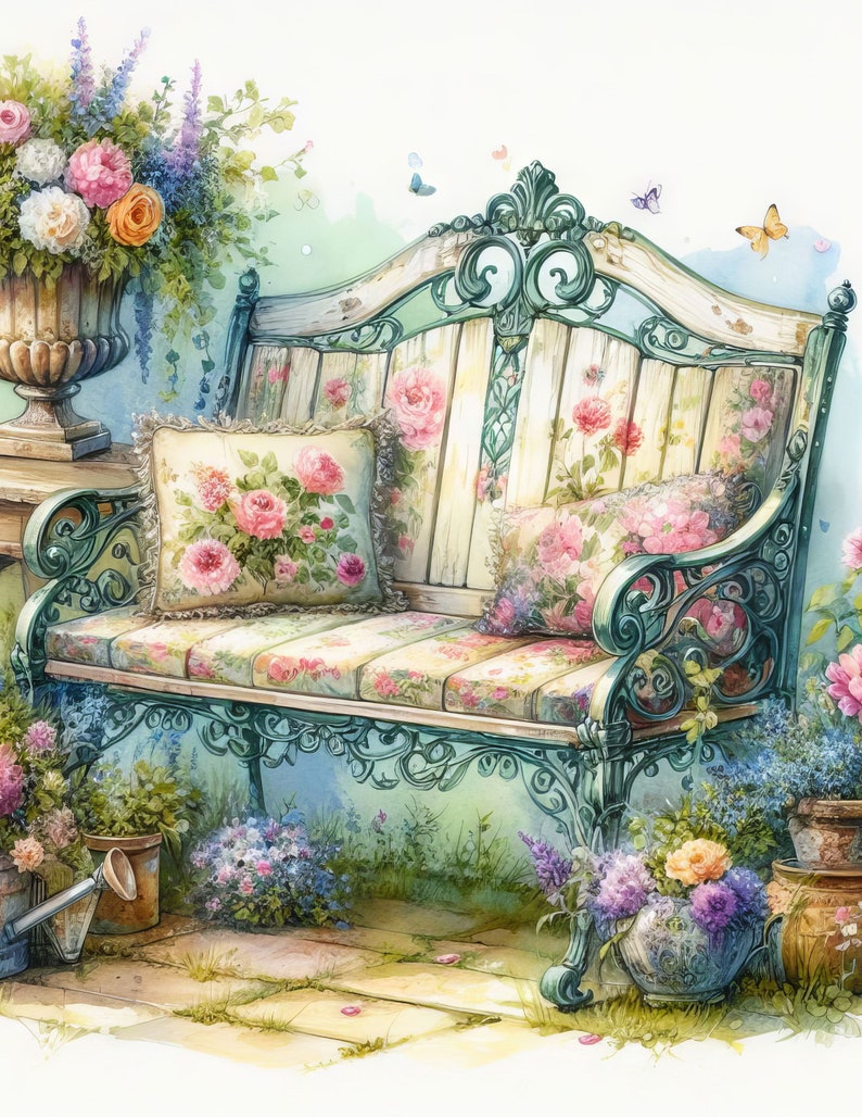 Garden Bench: 10 High Res Watercolor Jpgs, Junk Journaling, Scrapbook ...
