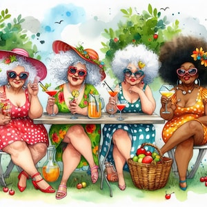 Kurviges Freunde Picknick 10 hochauflösende JPGs in Aquarell Farben für Junk Journaling, Scrapbooking, Kartenherstellung, digitaler Download, Fantasy, skurril