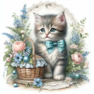Ensemble de 10 images clipart chaton avec noeud bleu haute résolution aquarelle JPG pour publipostage, scrapbooking, fabrication de cartes, téléchargement numérique