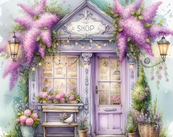 Puede incluir: Una pintura de acuarela de una tienda de color púrpura con un letrero que dice "SHOP". La tienda está decorada con flores moradas y luces de cadena. Hay una paloma blanca sentada en un banco frente a la tienda.
