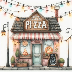 May include: A cartoon illustration of a pink and white striped awning over a small pizza shop with a sign that says "PIZZA". The shop has two windows with pizza slices in them and a door with a sign that says "g'hoz. we une 2:220 -PIZZE- ". There are string lights hanging above the shop and small potted plants in front.
