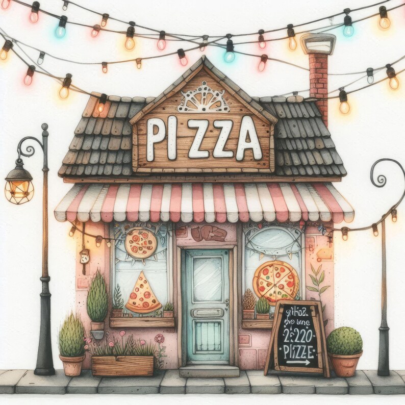 May include: A cartoon illustration of a pink and white striped awning over a small pizza shop with a sign that says "PIZZA". The shop has two windows with pizza slices in them and a door with a sign that says "g'hoz. we une 2:220 -PIZZE- ". There are string lights hanging above the shop and small potted plants in front.