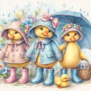 May include: Three yellow ducklings wearing raincoats and rain boots. One duckling is holding an umbrella. The ducklings are standing in front of a background of flowers and raindrops.