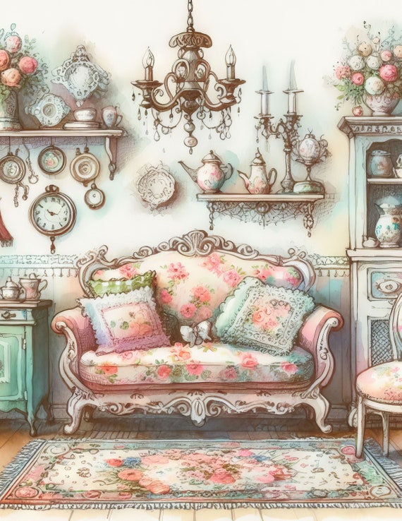 Shabby Chic Living Room: Clip Art, 10 High Res Watercolor Jpgs