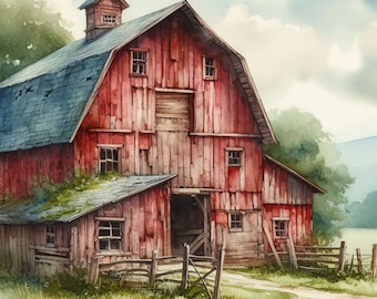 May include: A red barn with a weathered wooden door and a slate roof. The barn is surrounded by green grass and a wooden fence. The sky is blue with white clouds.