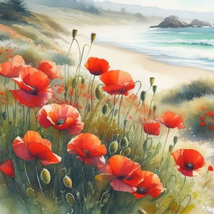 Puede incluir: Una pintura de acuarela de un campo de amapolas rojas en flor cerca de una playa de arena con agua azul y olas. Las amapolas están en primer plano y la playa está en el fondo.