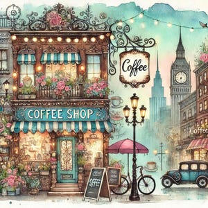 Village Coffee Shop 10 fichiers JPG aquarelle haute résolution Journalisation indésirable, scrapbooking, fabrication de cartes, kit de téléchargement numérique, fantastique, fantaisiste