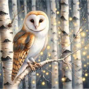 Puede incluir: Un búho blanco y marrón posado en una rama en un bosque de abedules. El búho tiene ojos amarillos y una cara blanca. El fondo es una imagen borrosa de abedules con un suave resplandor dorado.