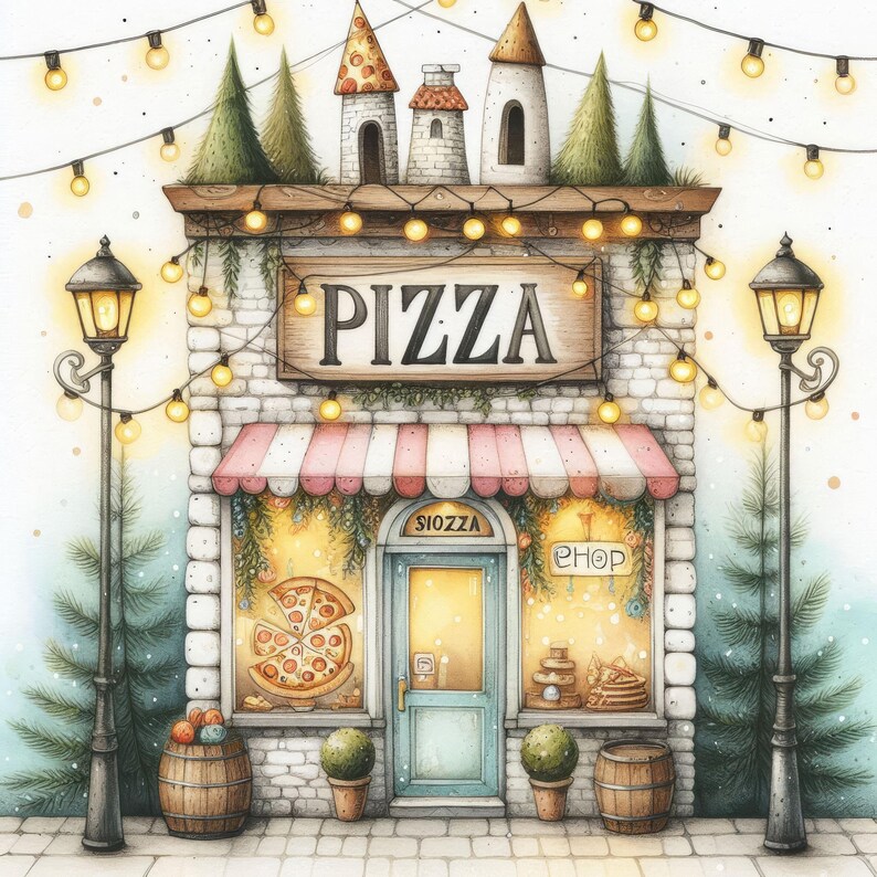 May include: A whimsical illustration of a brick building with a pink and white awning. The building has a sign that says "PIZZA" and a window with a pizza inside. There are two streetlights on either side of the building and a small Christmas tree in front.