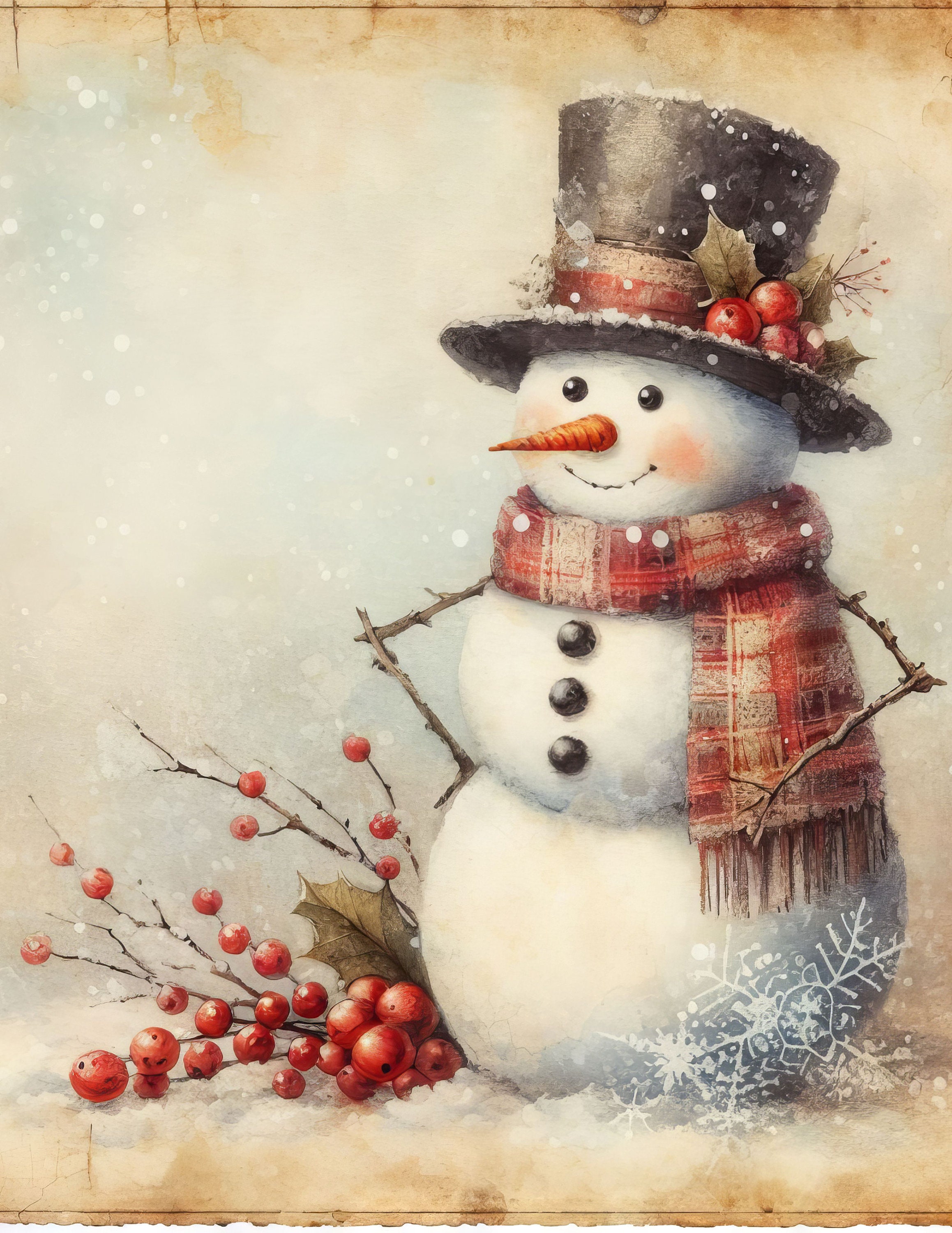 Primitive Snowman Clip Art Kit 10 High Res Watercolor Jpgs