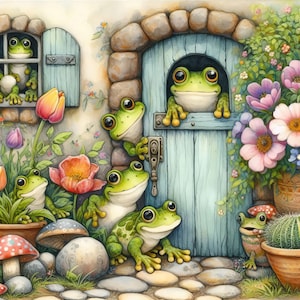 Peeking Frogs 10 High Res Watercolor JPGs Junk Journaling, Scrapbooking, Card Making, Digital Download, Fantasy, Whimsical, Quirky