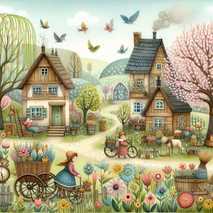 Art lunatique du village printanier 10 fichiers JPG aquarelle haute résolution pour la journalisation indésirable, le scrapbooking, la fabrication de cartes, le kit de téléchargement numérique, la fantaisie