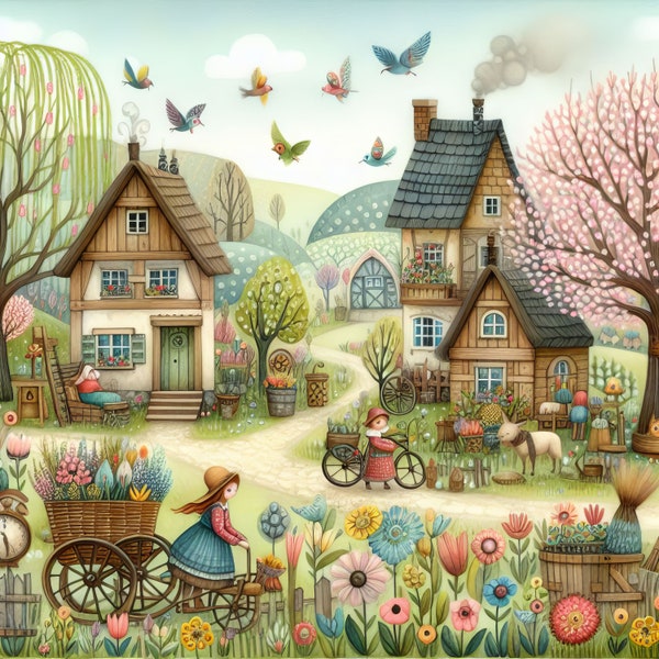 Whimsical Spring Village Art 10 High Res Watercolor JPGs for Junk Journaling, Scrapbooking, Card Making, Digital Download Kit