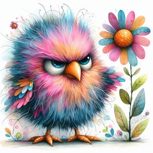 May include: A colorful, cartoon-style illustration of a pink and blue bird with an angry expression. The bird has a large, fluffy head and a small, pointed beak. The bird is standing on a white background with a pink and blue flower in the background.