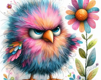 Grumpy Bird with Flower: Clip Art, 10 High Res Watercolor JPGs, Junk Journaling, Scrapbooking, Card Making, Digital Art, Fantasy, Whimsical